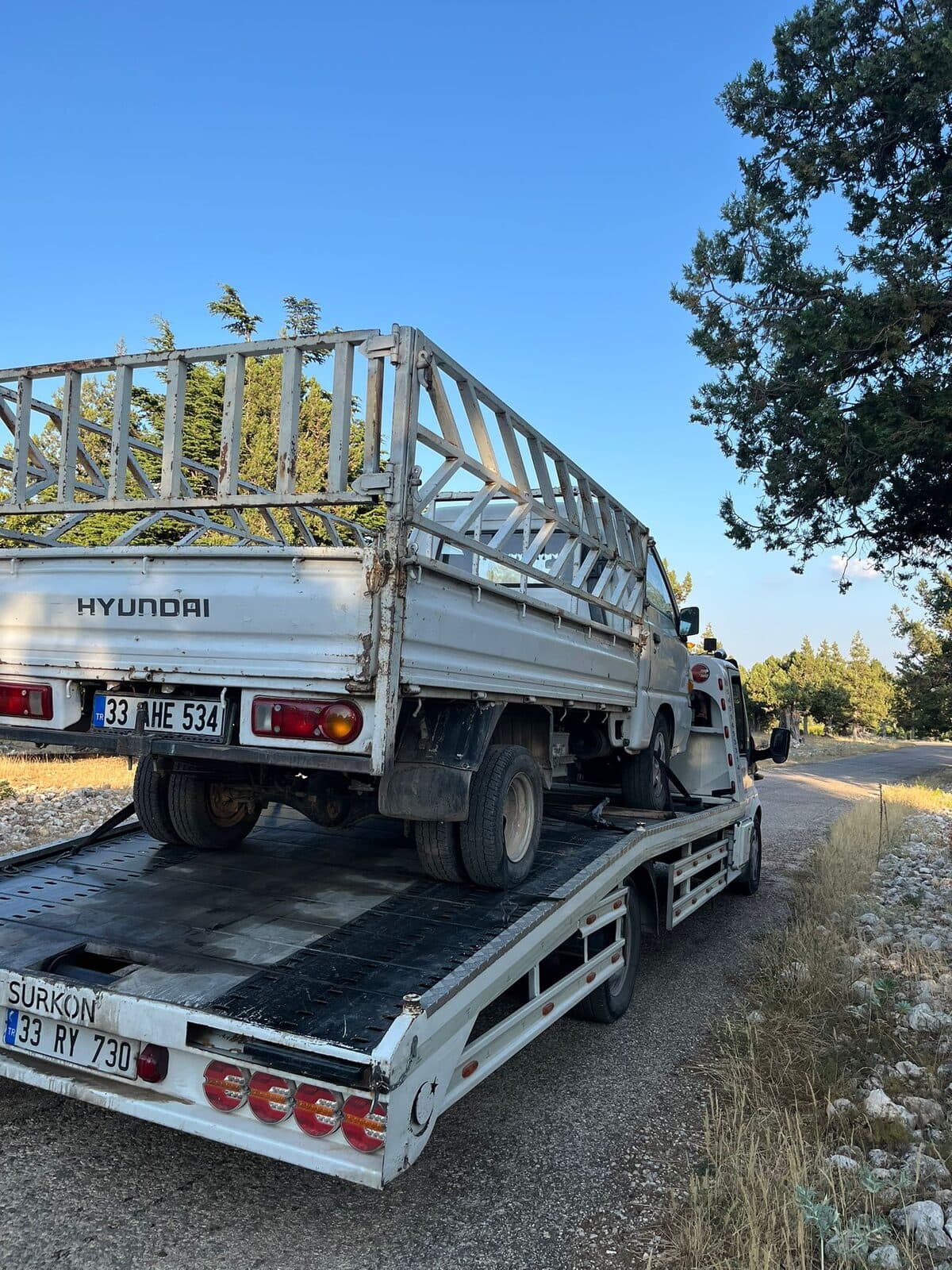 Kayar kasa çekicinin üzerinde taşınan kamyonet, ormanlık dağ yolunda